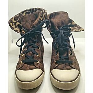 Coach Bonney Signature Sweater Lined Brown High Top Lace Up Sneakers Size 7.5